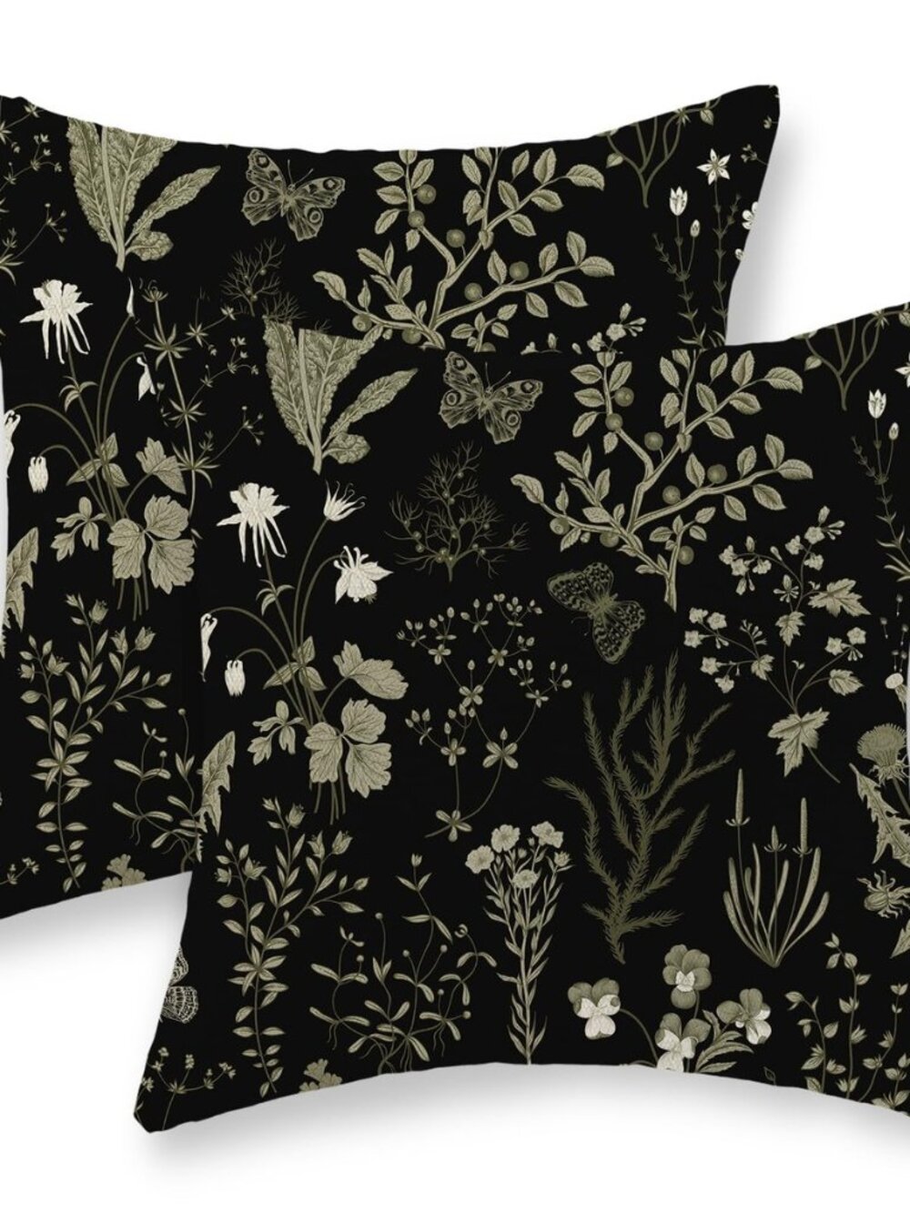 Spring Floral Pillow Covers 20x20 Set of 2 Black Sage Green Wild Flower